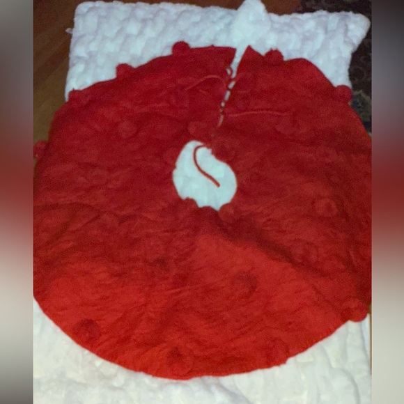 Anthropologie Red Wool Christmas Tree Skirt with Pom Poms